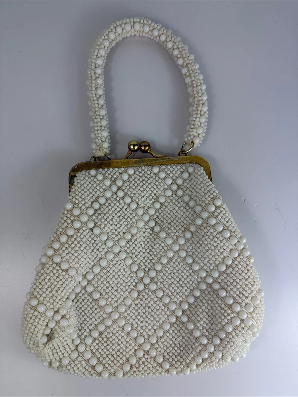 Vintage White Beaded Evening Bag Kiss Lock Bridal Handbag Hong Kong